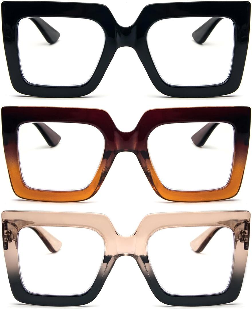 REAVEE 3 Pack Oversized Reading Glasses for Women Large Frame Extra Wide, Blue Light Blocking Readers Stylish Square Thick Eyewear, Black+Brown Orange+Tea Black, 2.0