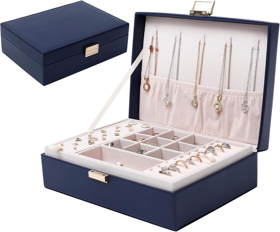 PU Leather Jewelry Box Organizer with 2 Layer Display Storage Cases and Removable Tray for Necklace, Earrings, Rings, Bracelets for Women Girls Gift, Navy Blue