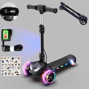 3 Wheel Electric Scooter for Kids Ages 4-8, Foldable 24V Electric Scooter with LCD Screen, Thumb Accelerator, Light Up PU Wheels & Deck, 3 Adjustable Height, 5MPH Speed for Boys Girls Birthday Gift