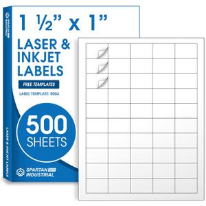 1 1/2" X 1" Printable Labels Compatible with Inkjet and Laser Printers - 500 Sheets, 25000 Total Paper Stickers for Return Addresses, UPC and EAN Barcodes - Spartan Industrial Template R004