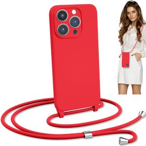 Blaspins Crossbody Lanyard Strap Case for iPhone 15 Pro Max, Hands-Free Neck Cross Body Wrist, Adjustable Rope Removable Drop Protection Shockproof Silicone Case 6.7 inch 150 cm Strap, iP15PM - Red (iPhone 15 Pro Max (6.7 inch), Red)