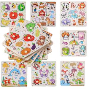 8 x Wooden Puzzles for Toddlers 1-3, 8 Pack Peg Puzzles for Kids with Animals, Dinosaurs, Fruits, Vegetables, Educational Preschool Learning Toys, Birthday Gifts for Boys, Girls