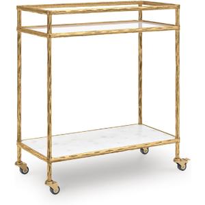 Signature Design by Ashley Plattfield Casual Antiqued 2-Tier Bar Cart with Casters, for Kitchen and Dining Room, Metallic & White (Antique Gold Finish)