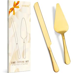 Cake Cutting Set for Wedding - Extended Cake Knife And Server Set Thickened Stainless Steel Cake Cutter and Pie Spatula Great for Birthday Anniversary Christmas Gift Gold 2 Pcs