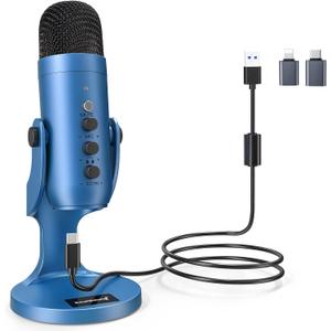 ZealSound USB Microphone,Condenser Gaming Mic for Phone/Laptop/PC/PS4/5/Computer,Microphone with Gain Knob,LED Mute,Monitor Volume Adjustment,Stand Base for Streaming, Podcast, Studio Recording (Blue)