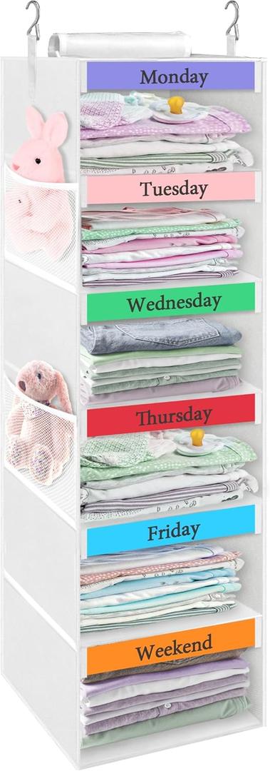punemi Weekly Clothes Organizer for Kids, 6-Shelf Hanging Closet Storage with Side Pockets, Days of The Week Design, 11.8" x 11.8" x 37.8", Perfect for Organizing a Week's Worth of Kids' Clothing
