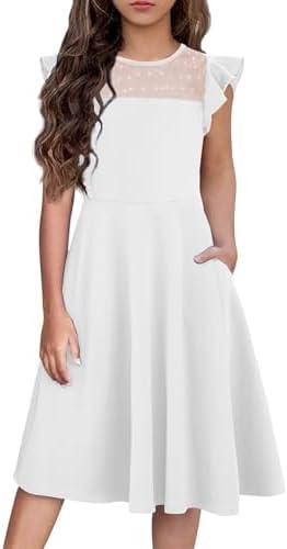 Flypigs Girls Dresses Summer Formal Party Wedding Ruffle Sleeve Mesh Knee Length A Line Dress with Pockets Size 165