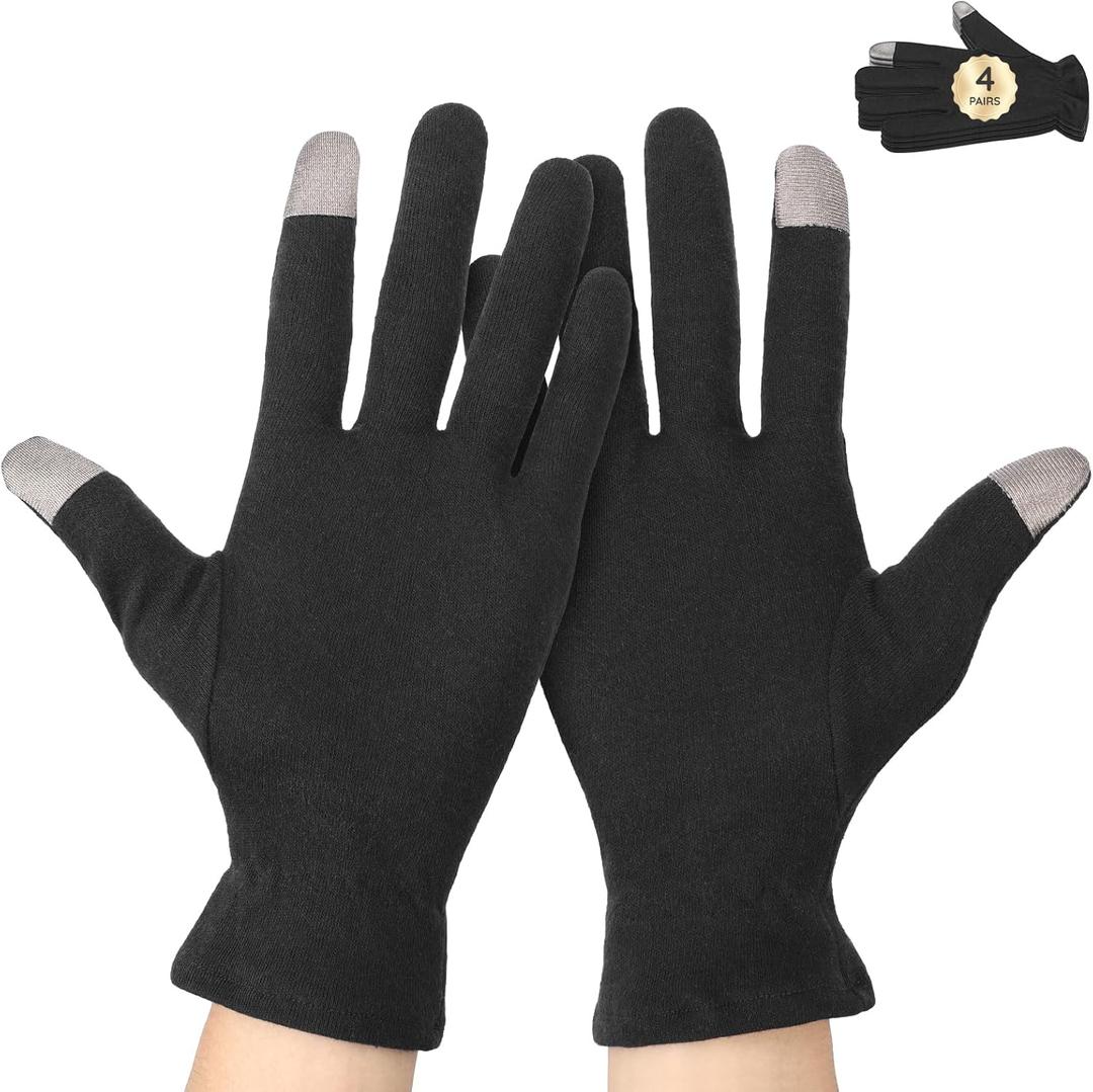 Segbeauty 8 Counts Elastic Touchscreen Black Sleeping Cotton Gloves Liners, 4 Pairs Hand Moisturizer Gloves with Elastic Band, Soft Sleeping Work Glove for Dry Hands Overnight Care Lotion Cotton Glove (Large)