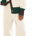 Women's 2 Piece Outfit Lounge Set Trendy Cardigan Sweater Pants Sets V Neck Button Pocket Knit Matching Loungewear (Contrast White, M)
