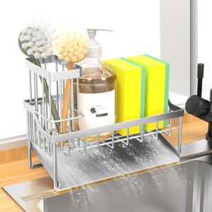 Vanwood Kitchen Sink Caddy Sponge Holder for Kitchen Sink with Brush Holder, Cocina Organizer and Storage Dish Soap Sponge Caddy with Auto Stainless Steel Draining Tray (Lacquer Silver)
