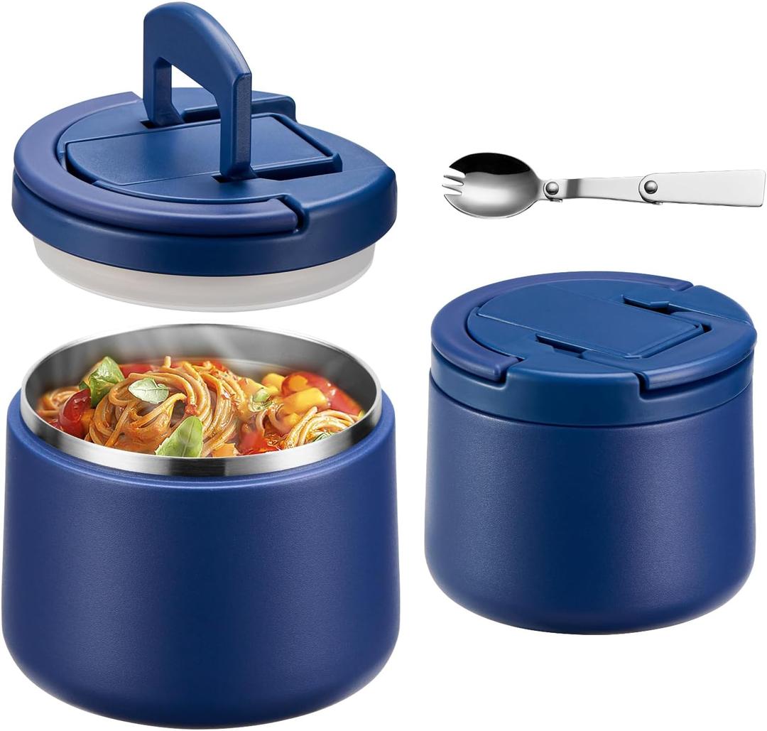 14oz Insulated Vacuum Food Jar with Buckle Lid, Soup Thermo for Hot Food Kids, Wide Mouth Leakproof Stainless Steel Lunch Container with Spoon-Blue