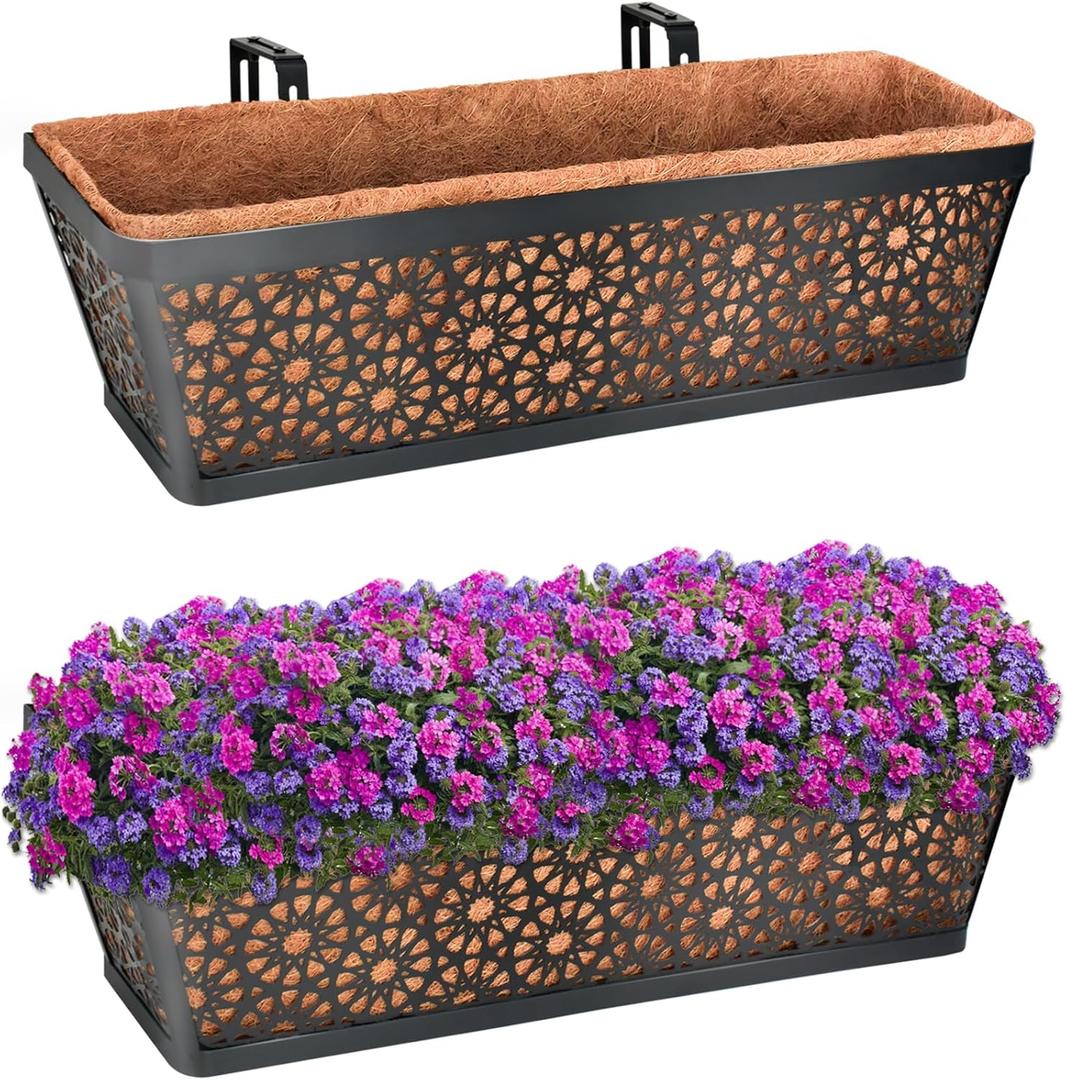 Halatool 24 Inch Window Boxes Planters, 2 Pack Sturdy Metal Deck Flower Railing Planter Box with Coco Liners for Indoor Outdoor Decor, Adjustable Rail Planter for Window Fence Porch Balcony Patio Lawn