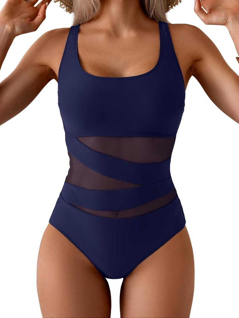 B2prity Women's Mesh One Piece Swimsuit Tummy Control Sexy Bathing Suit Push Up Swim Suit Slimming Swimwear (Medium, Navy Blue)