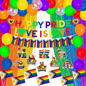 Ouddy Life 70 Pcs Pride Party Decorations Set, Gay Pride Decor, Banner Hanging Swirls Rainbow Foil Fringe Curtains Balloons Flags for LGBT Pride Month Rainbow Theme Party Supply, Office, Home, Garden