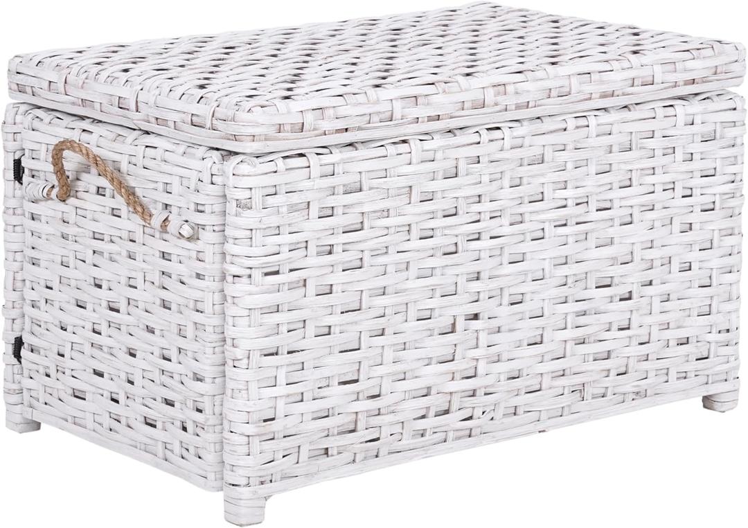 happimess HPM9003E Jacob 31.5" Handwoven Wicker Storage Trunk, Distressed White, Collapsible for flat storage, for Office, Dorm Room, Entryway, Bedroom, Dining Room