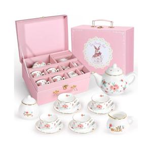 Porcelain Tea Set for Girls, Tea Party Set for Little Girls, Kids Tea Set Kitchen Pretend Play, Princess Tea Time Playset with Teapot Cups Carry Case, Toddler Girl Toys Birthday Gifts Age 3+