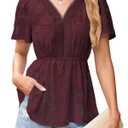 Falecahy Plus Size Tops For Women Summer Outfits For Women Casual Flowy Boho Lace Top Babydoll V Neck Peasant Tunics Chiffon Sheer Smocked Ruffle Blouses Fall Peplum Loose Fit Business Shirt Red XXL (Red, XXL)