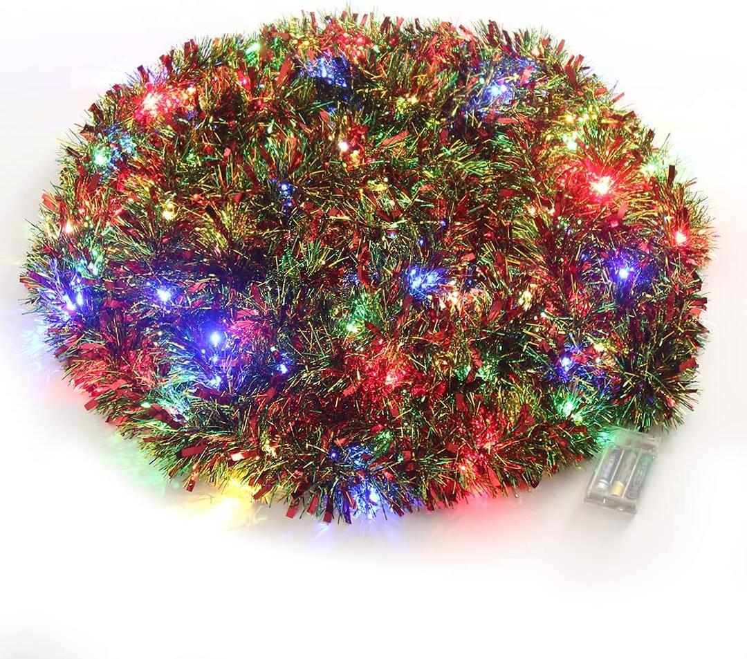 CCINEE Christmas Prelit Tinsel Garland, 33 Ft Multicolor Hanging Garland with 100 Multicolored Battery Operated LED String Lights for Christmas Tree Decoration Party Supplies