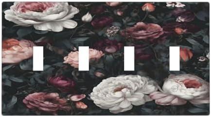 LuHuoLu Decorative Light Switch Cover Plate Rustic Big Pink Flowers White Peony Floral 4 Gang Wall Plate Oversized Quad Toggle Switch Cover Plate Jumbo Faceplate for Home Decor