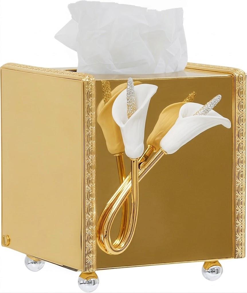 Restaurant Tissue Box Cover Holder, Metal Square Tissue Holder Decorated with Flowers, Party Decoration Napkin Tissue Holder, Suitable for Hotel and Wedding Tissue Distribution Services (Gold)
