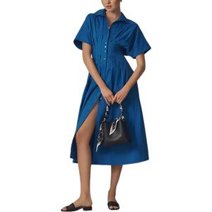 Yeokou Shirt Dress for Women Summer Casual Short Sleeve Button Down Loose Pleated Maxi Sundress with Pockets, Large