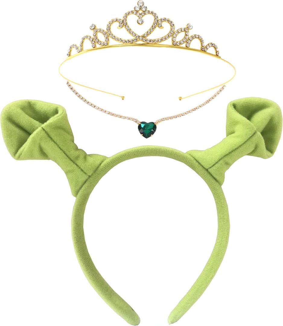 Sheliky 3Pcs Green Ears Headband Princess Crown Necklace Halloween Dress up Costume Accessories Set Women Cosplay Party Supplies