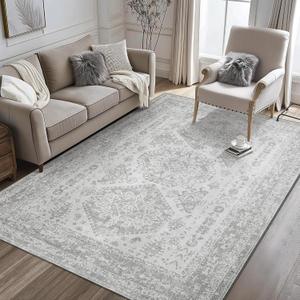 5X7 Area Rugs Machine Washable Rug for Living Room Bedroom, Vintage Distressed Print Grey Floral Medallion Accent Large Rug, Low Pile Ultra-Thin Lightweight Non Slip Backing with Gripper