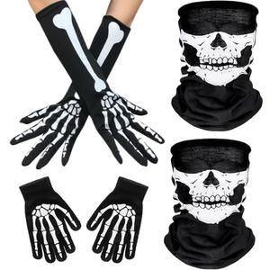 Halloween Skeleton Gloves Face Masks and Bone Long Gloves, Skull White Black Skeleton Dress Up Cosplay Costume Accessories for Adults Halloween Dance Party