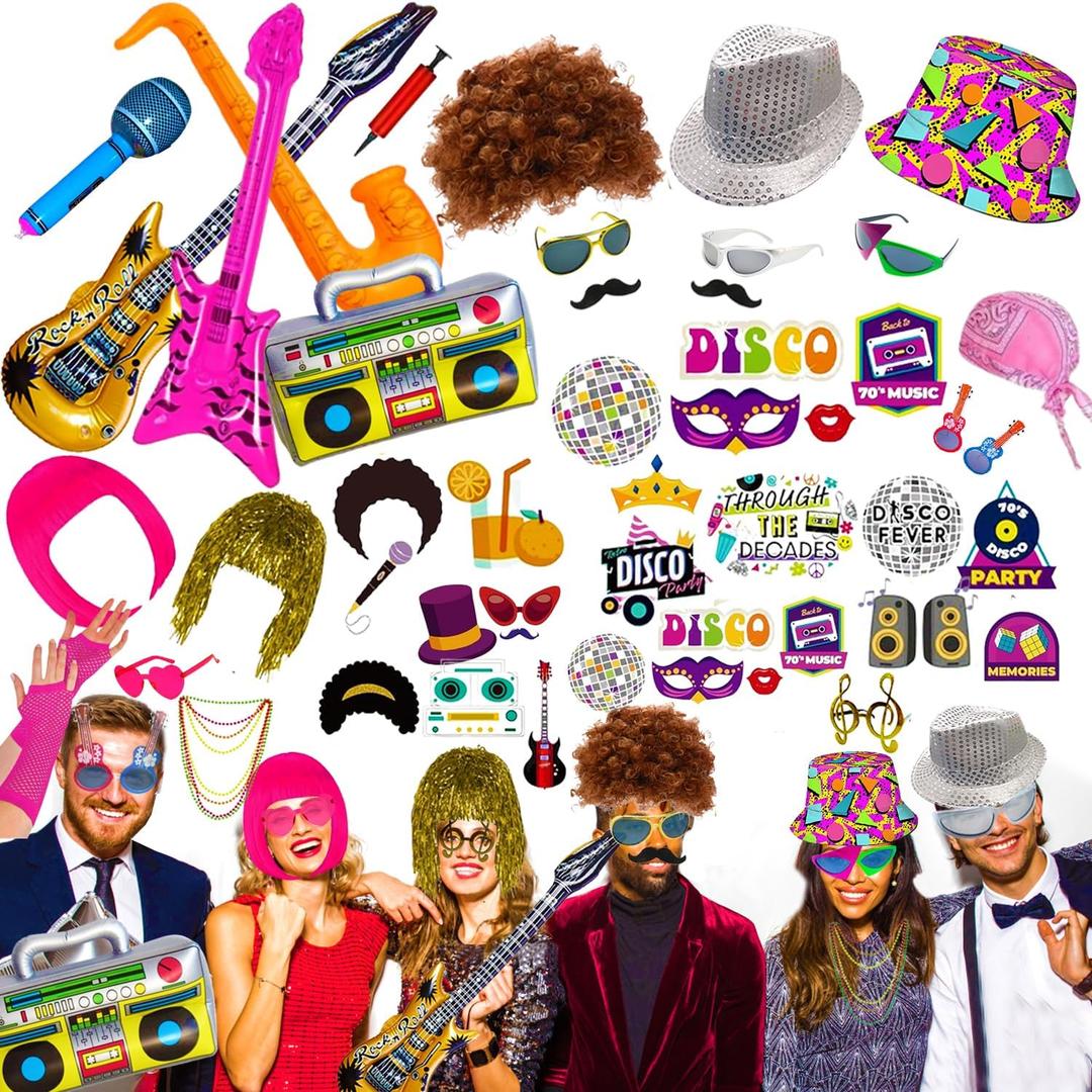 50 Pcs Rock Party Photo Booth Props Set for Adults, Funny Rock Star Party Sunglasses, Hats, Wigs, Inflatable, Photo Booth Props Kits for Graduation, Wedding, Birthday, Bachelorette and All Occasions