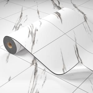 Oxdigi Vinyl Floor Tiles Peel and Stick Thicken Self Adhesive Vinyl Flooring Roll Marble Pattern Waterproof DIY Floor Coverings for Bathroom Living Room Kitchen, White Marble