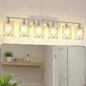 6-Light Brushed Nickel Bathroom Light Fixtures Over Mirror, 42" UL-Listed Modern Wall Sconce Lights with Clear Glass and Metal Cage for Bath, Hardwire E26, CH9176BN-6W