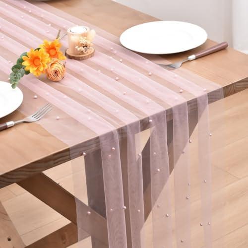 Dlpafzy Blushing Pink Pearl Fall Thanksgiving Table Runner Boho Rustic Tulle Lace Table Runner for Baby Shower Wedding Arch Decor Veil Dessert Table Decor