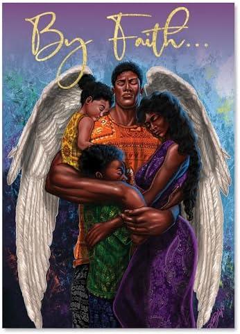 African American Christmas Cards – “By Faith” Boxed Set with Angel & Family Design – 15 Embossed 5x7 Cards with Foil-Lined Envelopes & Gold Sticker Seals – Holiday Greeting