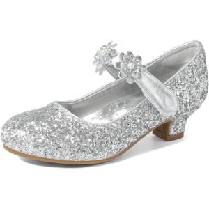 DREAM PAIRS Girls Mary Jane Dress Shoes Pumps Low Heels Flower Party Wedding Princess (11 Little Kid, Silver-glitter)