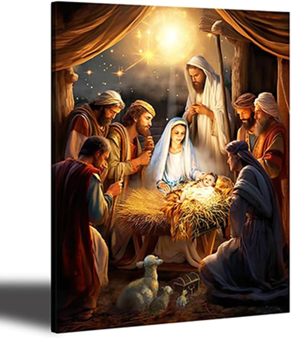 Nativity Scene Wall Art Canvas Pictures for Christmas Jesus Print Artwork Painting for Home Dcor (15"L x 12"W)