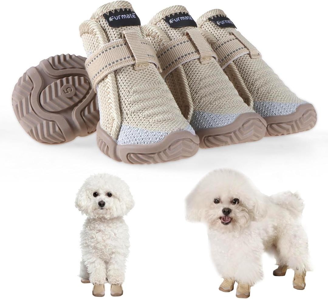 Dog Shoes for Small Dogs, Breathable Puppy Dog Boots & Paw Protectors for Summer Hot Pavement Winter Snow, Dog Booties with Reflective Strips, Anti-Slip Sole for Hardwood Floors (Beige-Size2) (Size2: 1.6" x 1.4" (L*W))