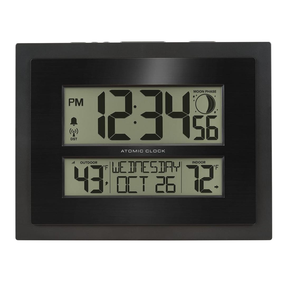 La Crosse Technology 513-75624-INT Digital Atomic Clock with Outdoor Temperature and Moon Phase,Black