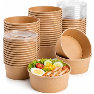 50 Pack 32 OZ Disposable Kraft Paper Bowls with Lids, Special Leakproof Disposable Soup Serving Bowls Bulk Party Supplies for Salad, Hot/Cold Food, Meal Prep, Ice Cream, Takeout & Leftovers
