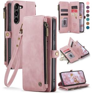 Defencase Compatible with Samsung Galaxy S23 Case Wallet with RFID Blocking Card Holder for Women Men, PU Leather Magnetic Snap Flip Zipper Strap Wallet Phone Case Fit for Galaxy S23 5G 6.1", Pink (Airy Rose Pink)