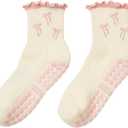 Shapes Studio Half Calf Grip Socks, Cute Fruit Pilates Socks, Ruffle Socks, Non-Slip for Barre Yoga (US, Numeric, 5, 10, Regular, Regular, Soft Pink Bow, Effortless Club)