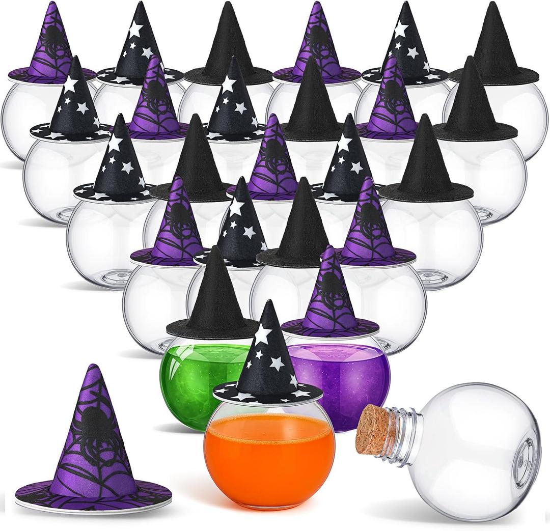 Coume 24 Pcs 6.8oz/ 200ml Spherical Plastic Potion Bottles with Hat Ball Shape Round Bottles for Drink Candy Jar Halloween Party Table Decoration DIY Crafts Gifts Favor