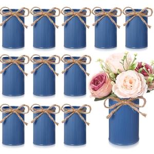 Rustic Vase for Table Centerpieces 4.33 Inch Small Petite Flower Vase with Twine Bow Vintage Farmhouse Decor for Wedding Reception Dining, Home Galvanized Metal Buckets(Haze Blue,12 Pcs)