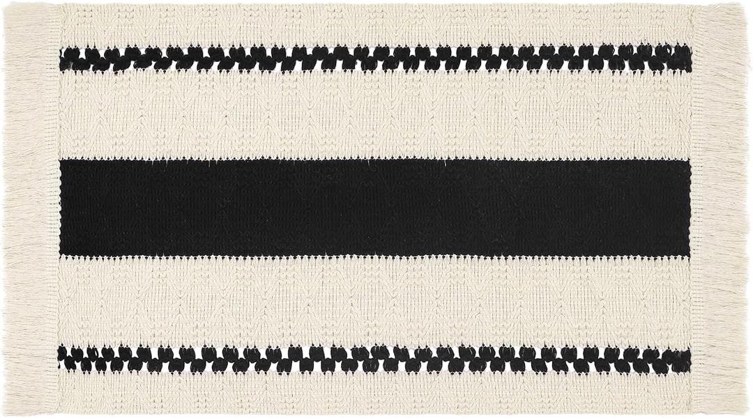 Boho Placemats, Natural Cotton Farmhouse Style Place Mats with Tassel for Kitchen and Dining Table Decor (Black, Set of 6)