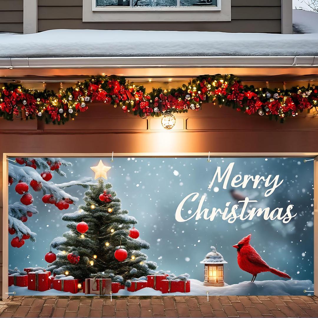 Christmas Garage Door Banner 6x13FT, Cardinal Bird & Ornament Christmas Tree Scene, Large Outdoor Garage Door Cover for Holiday Yard Decorations, Winter Snow Xmas Party Backdrop
