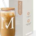 SANDJEST Monogrammed Gifts for Women - Monogram M Initial Glass Cup 16 Oz Can Coffee Cups with Lid and Straw - Monogram Initials Gifts for Womens on Birthday