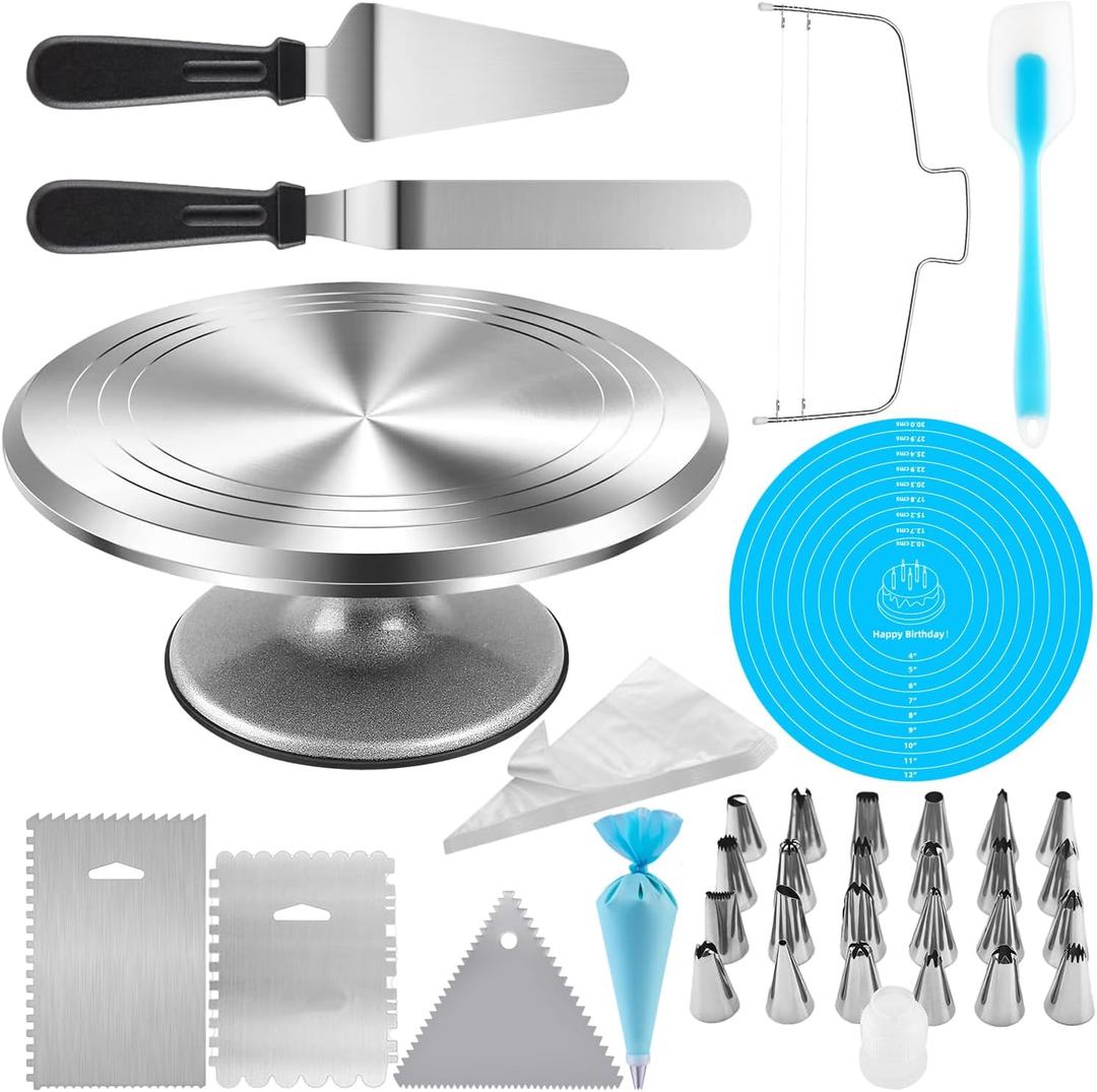12 Inch Aluminium Rotating Cake Stand Turntable, Cake Decorating Kit Supplies with Icing Piping Tips, Frosting Spatulas, Pastry Bags, Scrapers and Other Cake Decorating Tools (85Pcs)