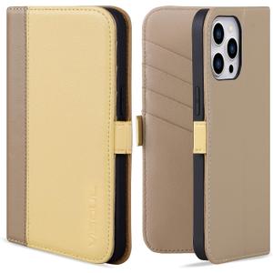 VISOUL Phone Case Wallet for iPhone 15 Pro Max, Genuine Leather Folio Case with Card Holder Magnetic Flaps Closure Designed for iPhone 15 Pro Max(6.7-inch)(Yellow+Apricot)