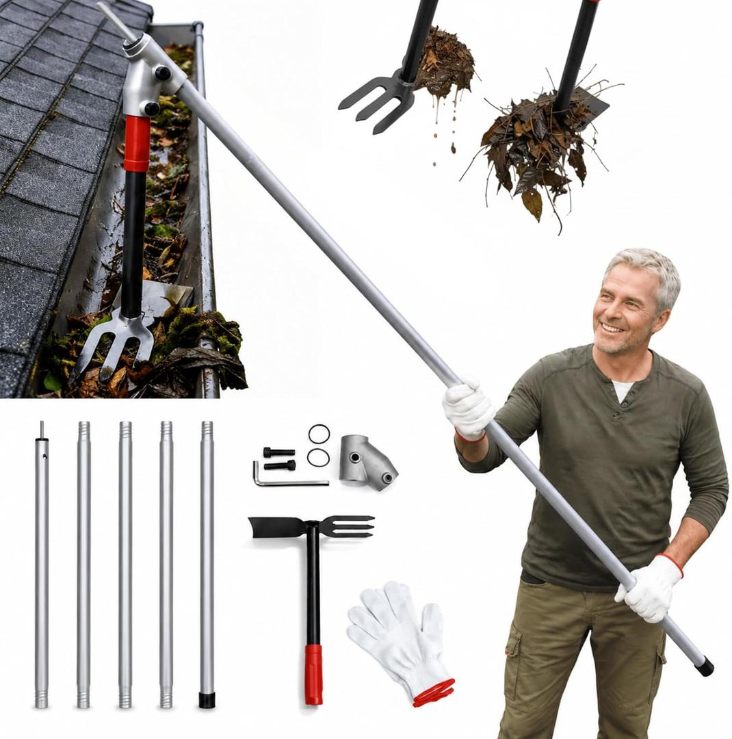 Heavy Duty Gutter Cleaning Tool from Ground No Ladder Needed 10FT Gutter Cleaner Kit with Extension Pole Leaf & Roof Debris Remover for 1-2 Story House