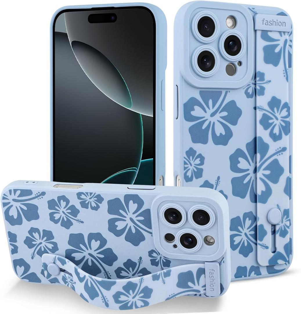Fiyart Designed for iPhone 16 Pro Max Case Cute Flowers with Strap Soft TPU Phone Cover Protective Camera Lens Protection for Women Men Floral Bumper with Stand 6.9"-Blue