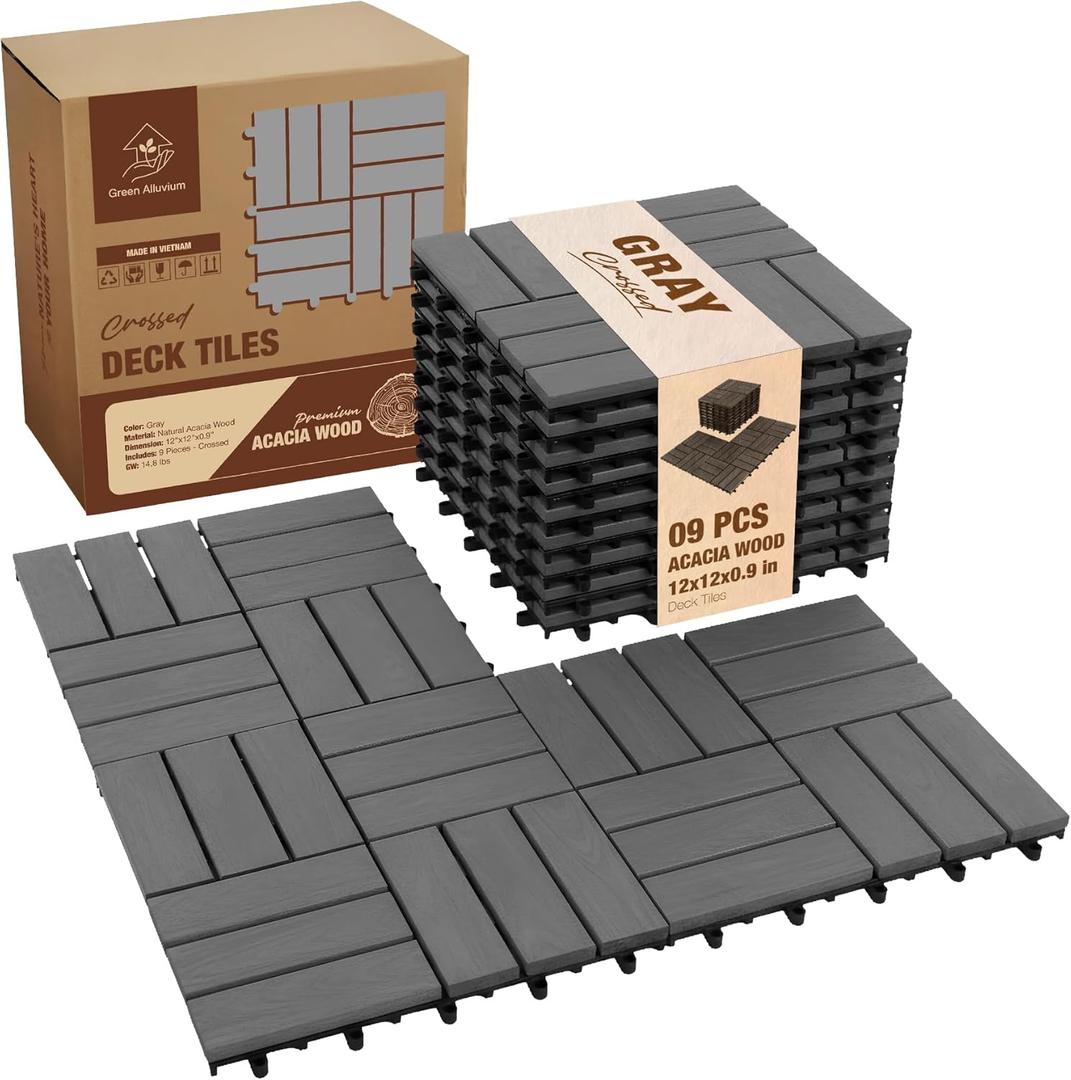 Premium Acacia Wood Interlocking Deck Tiles, 9 PCS 12"x12"x0.9" Patio Flooring, Outdoor Waterproof Decking Tiles for Balcony, Backyard & Patio, All Weather Use (Gray - Crossed Pattern)